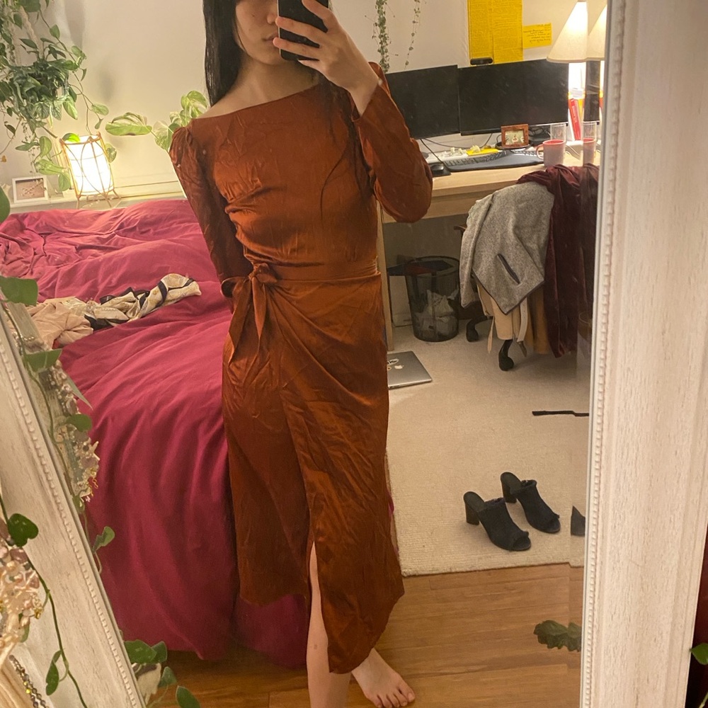 Reformation Rust Midi Wrap Dress with Side Tie